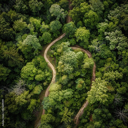 The photo shows a winding road through a lush green forest.