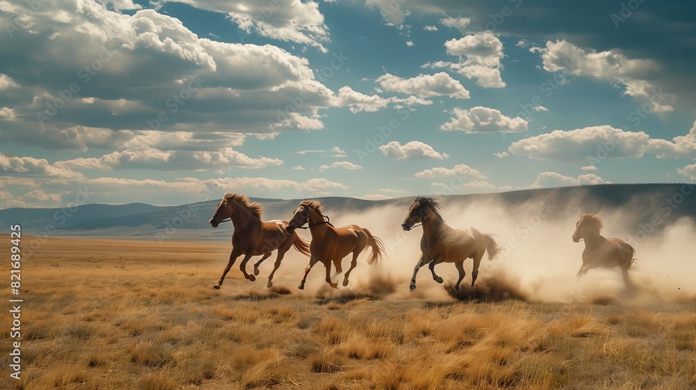 A dramatic horseback chase unfolds across a plain, sending clouds of dust as the horses thunder forward.