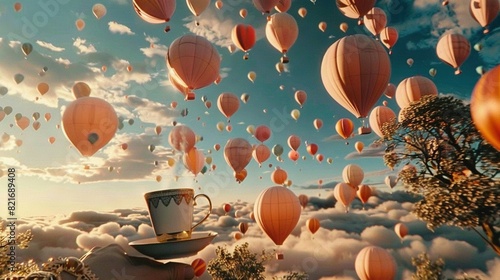   A sky-high collection of colorful hot air balloons soar above a steaming coffee cup resting atop a saucer photo