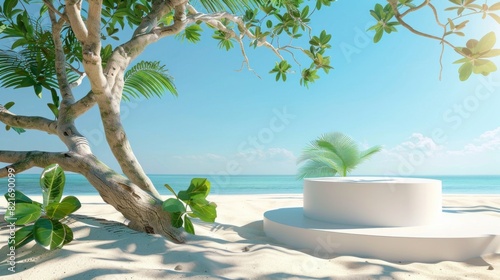 White Podium in Round-Shape on Sandy Beach and Blue Sky