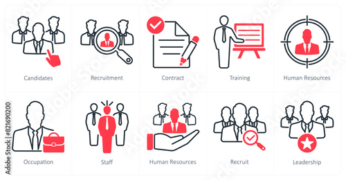 A set of 10 recruitment icons as candidates, recruitment, contract