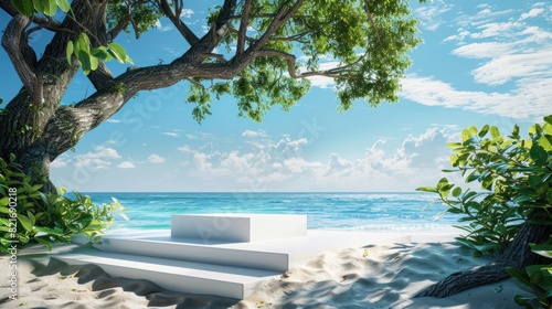 White Podium in Square-Shape on Sandy Beach and Blue Sky