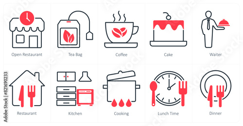 A set of 10 restaurant icons as open restaurant, tea bag, coffee