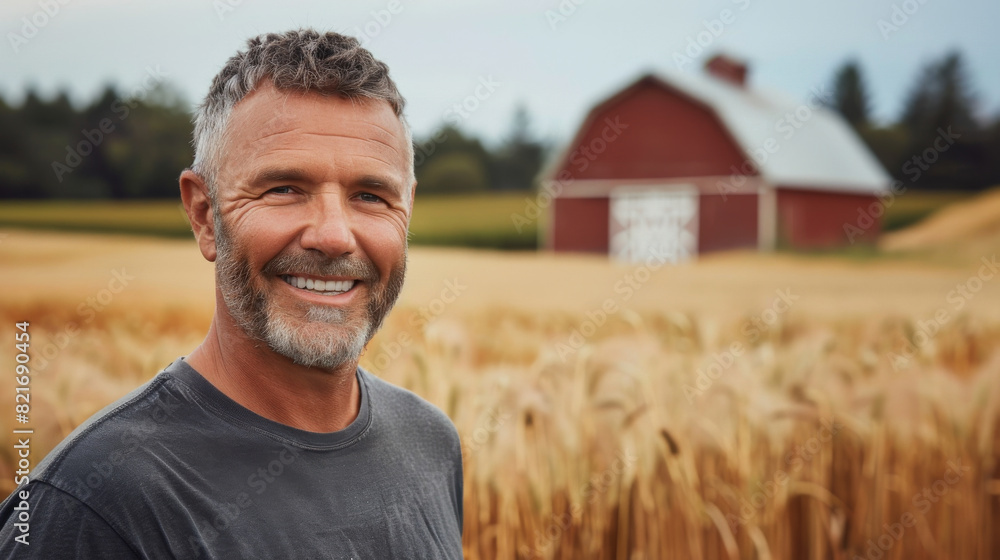 Portrait of a happy mature farmer male in his field showing love of the man for his work and rural way of life Portrait of a happy mature farmer male in his field showing love of the man for his work and rural way of life