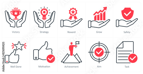 A set of 10 success icons as victory, strategy, reward