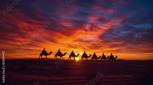 Group of Camels Walking Across Desert at Sunset photo