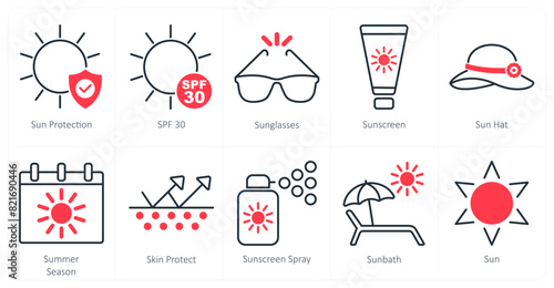 A set of 10 sun protection icons as sun protection, spf 30, sunglasses