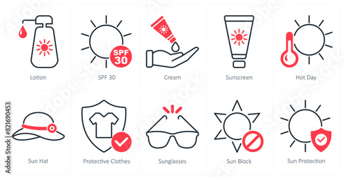 A set of 10 sun protection icons as lotion, spf 30, cream, sunscreen