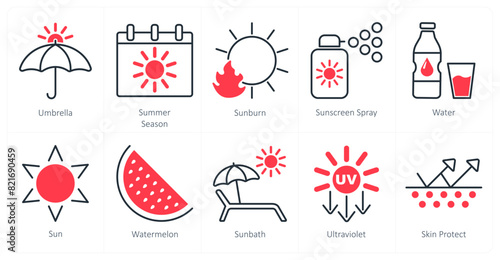 A set of 10 sun protection icons as umbrella, summer season, sunburn