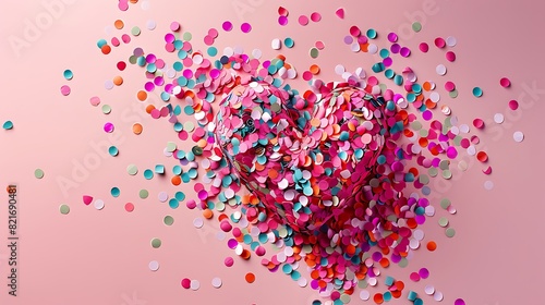 Heart shape made of colorful confetti pink backdrop with scattered paper circles