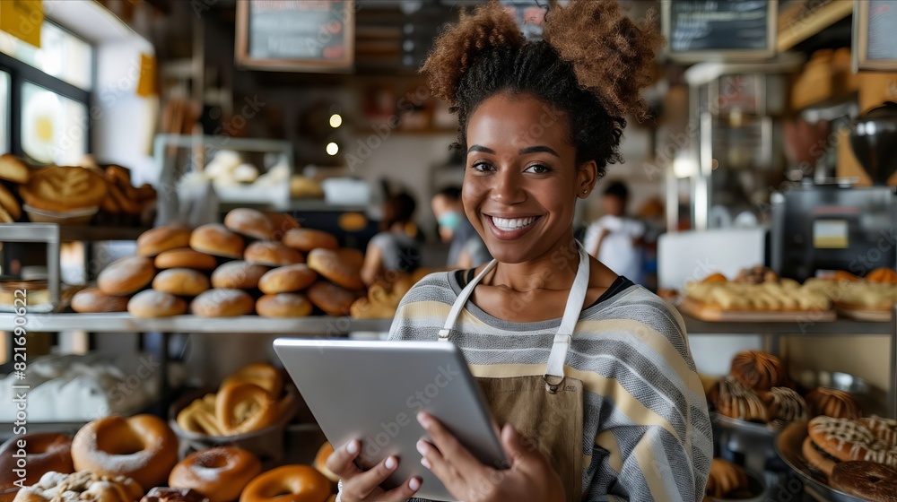 A smiling woman holding a tablet in front of a bakery. A smiling woman holding a tablet in front of a bakery.