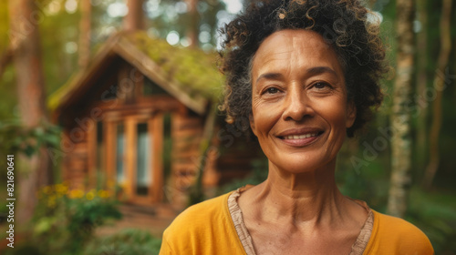 Portrait of a happy mature female in a nature retreat for a weekend , black afro american woman in front of her forest cabin cottage house photo