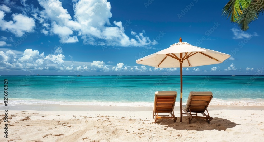 Fototapeta premium Two Lounge Chairs Under an Umbrella on a Beach