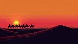 Group of Camels Walking Across Desert at Sunset