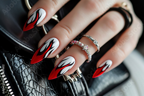 close up sparkling red color gel polish painting beautiful 3D rose flower decorate d with shiny rhinestone and glitter on fashionista woman long square shape acrylic fingernail