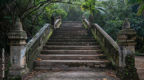 Outdoor concrete or cement staircase with handrail of the temple