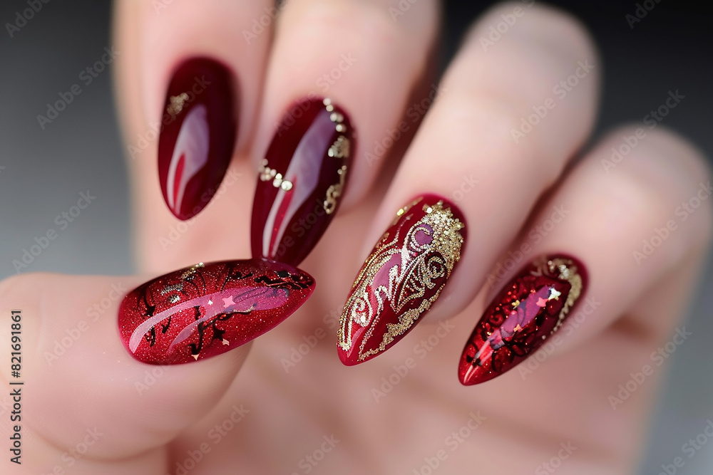close up sparkling red color gel polish painting beautiful 3D rose flower decorate d with shiny rhinestone and glitter on fashionista woman long square shape acrylic fingernail close up sparkling red color gel polish painting beautiful 3D rose flower decorate d with shiny rhinestone and glitter on fashionista woman long square shape acrylic fingernail