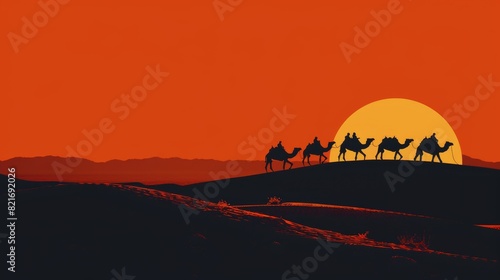 Group of Camels Walking Across Desert at Sunset