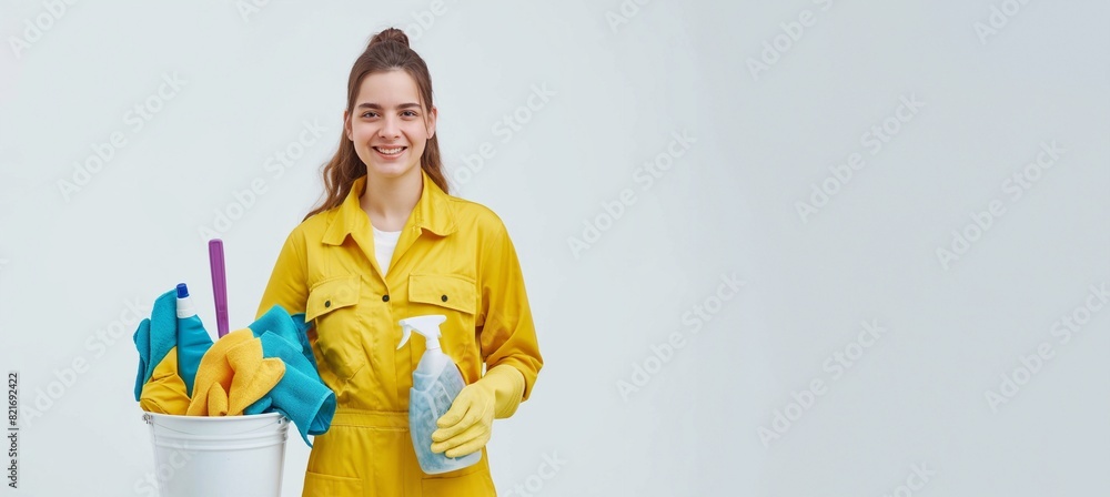 Happy woman with cleaning supplies on a plain light grey background with copy space. Efficient Cleaning Services: Cheerful Lady in yellow uniform with tools Happy woman with cleaning supplies on a plain light grey background with copy space. Efficient Cleaning Services: Cheerful Lady in yellow uniform with tools