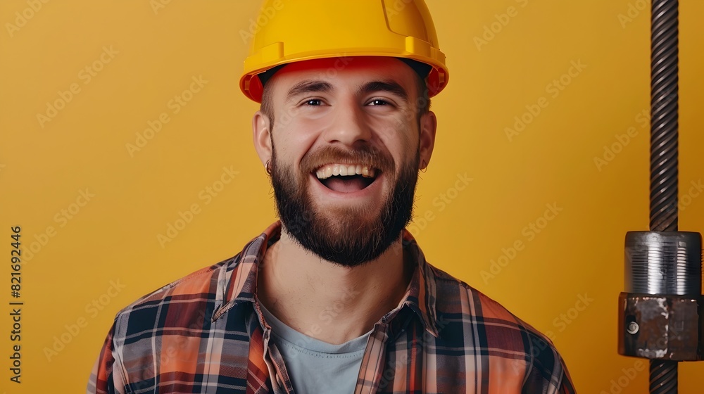 Smiling Construction Worker Wearing Hard Hat and Plaid Shirt on Sunny Background Smiling Construction Worker Wearing Hard Hat and Plaid Shirt on Sunny Background
