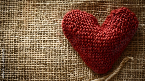 Knitted heart on jute background