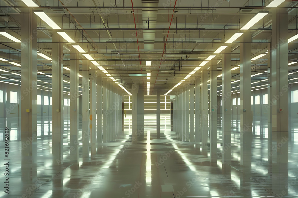 Naklejka premium Interior of a large, clean warehouse with reflective shiny floor and a systematic arrangement of pillars and lights. AI