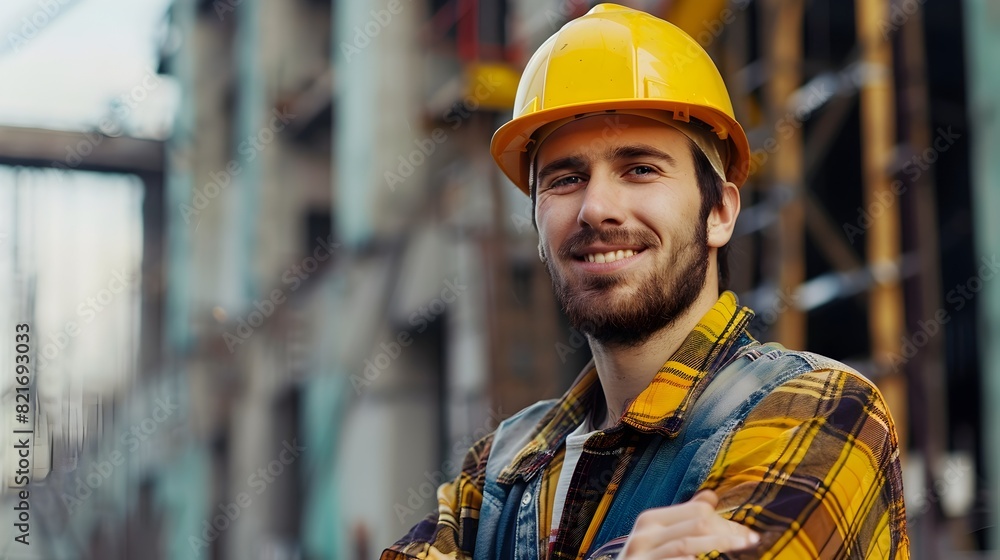 Smiling Male Construction Worker in Hardhat Operates Heavy Machinery on Jobsite Smiling Male Construction Worker in Hardhat Operates Heavy Machinery on Jobsite
