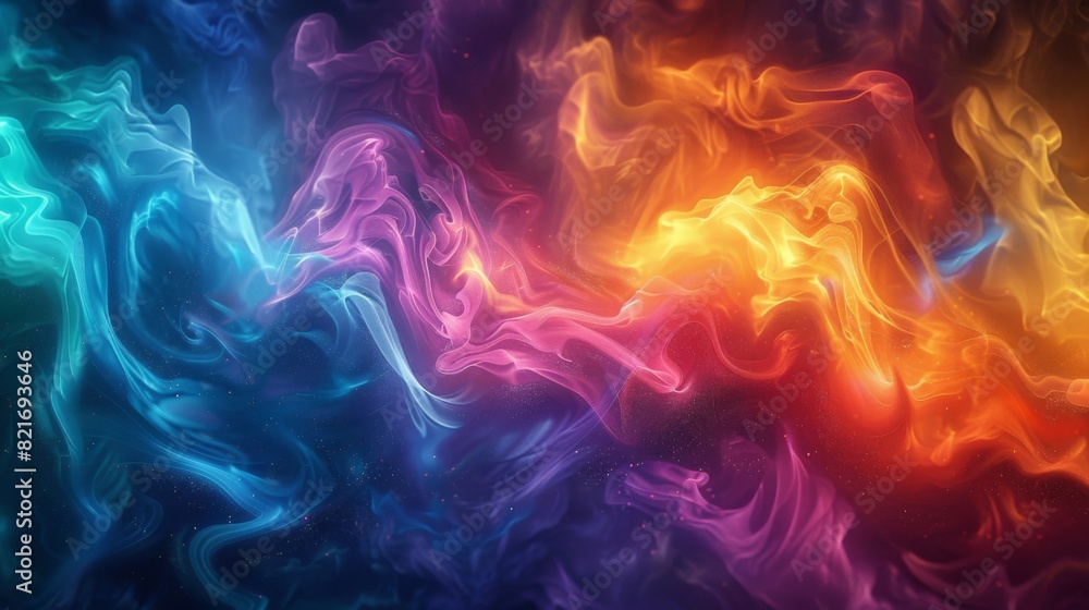 Fototapeta premium Ethereal Dreamy Light Painting with Colorful Ink and Rainbow Core. Glowing Shadows on a Rainbow Background Depicting Vibrant Waves for Illustration, Advertising, web Design, and Graphic Needs.