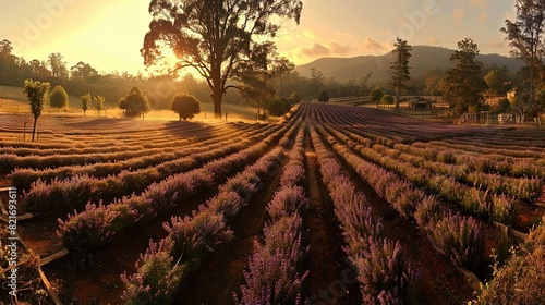  A field of lavender with the sun setting over distant trees and hills
