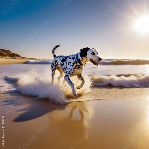 dog running on the beach. "Surf's Up! A Dalmatian's Day at the Beach" Generated by Ai
