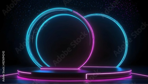 Glowing neon round frame with 3d pedestal stage background for object promotion