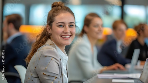 A smiling woman in a business meeting.