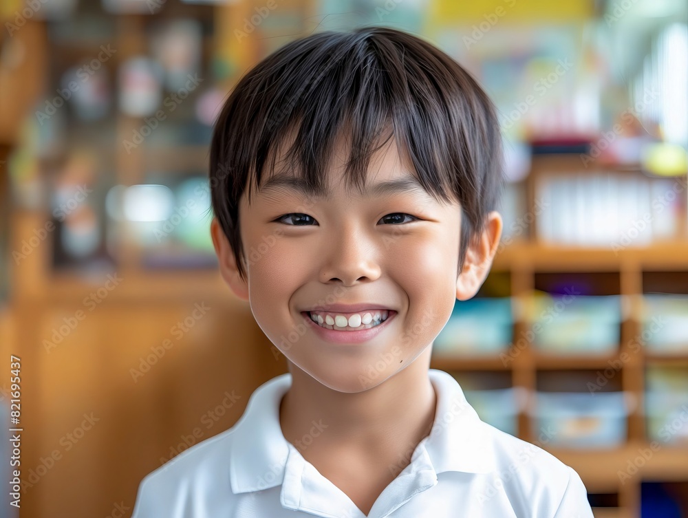 A smiling boy in a school classroom. A smiling boy in a school classroom.