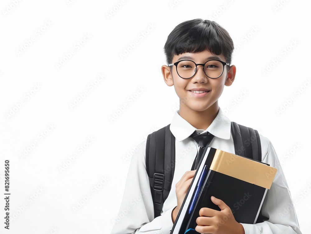 Asian boy in school uniform holding books and smiling.