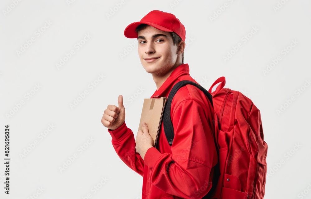 Smiling delivery man dressed in red uniform keeping thumbs up at camera over white background. Postman and express delivery service concept Smiling delivery man dressed in red uniform keeping thumbs up at camera over white background. Postman and express delivery service concept