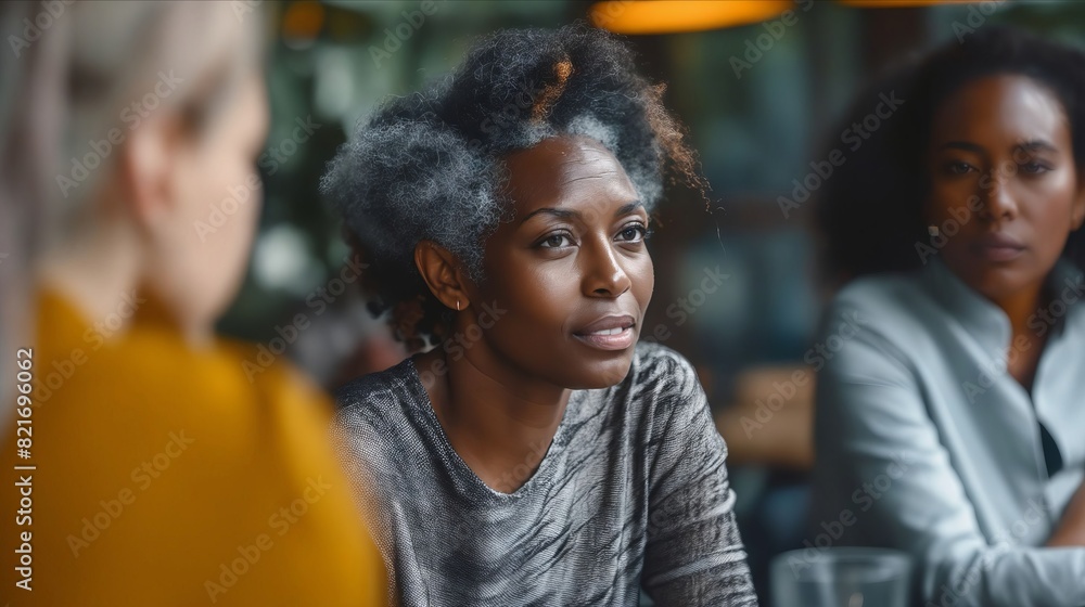 A woman with afro hair sitting at a table with two other women. A woman with afro hair sitting at a table with two other women.