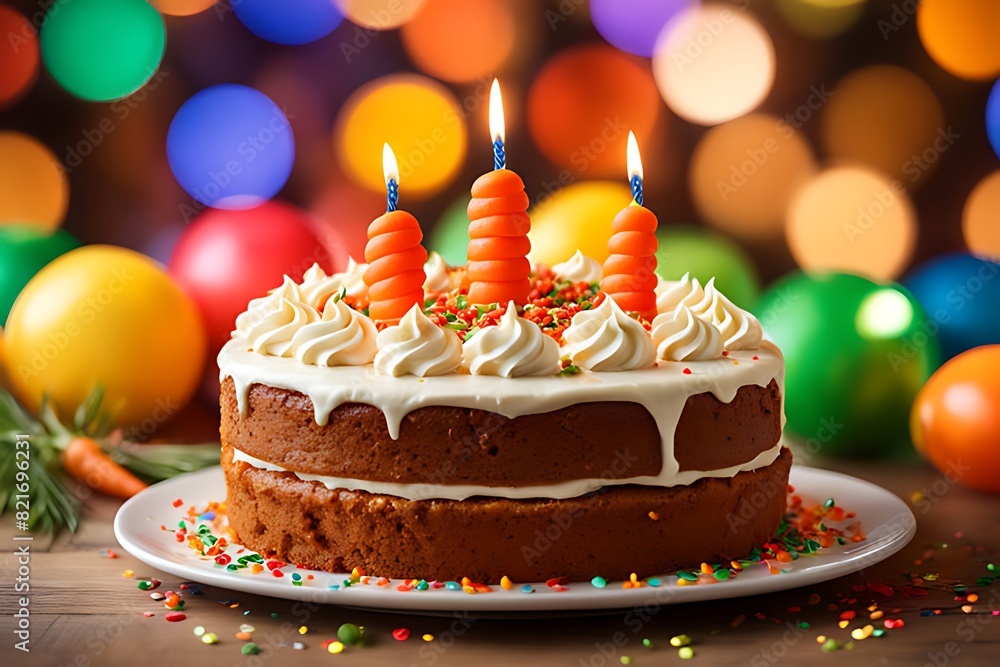 Carrot cake, birthday cake, and colorful bokeh background, ai generative Carrot cake, birthday cake, and colorful bokeh background, ai generative