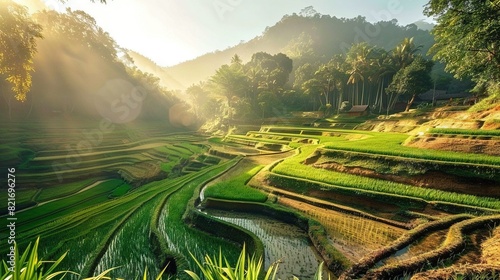   The sun illuminates rice terraces on mountain slopes in rural Vietnam's north photo