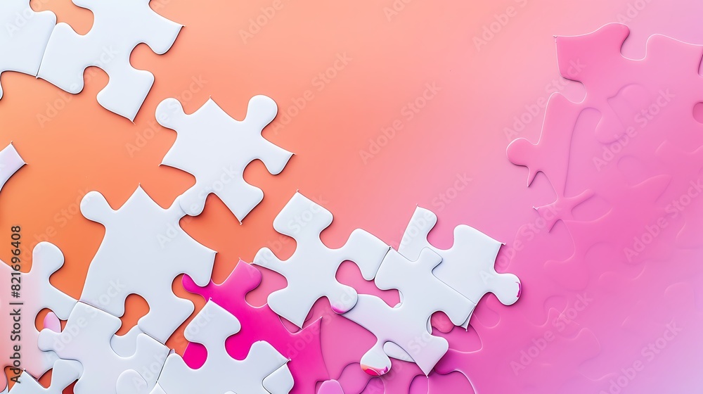 White puzzle pieces comes together on two toned pink and orange colored background White puzzle pieces comes together on two toned pink and orange colored background