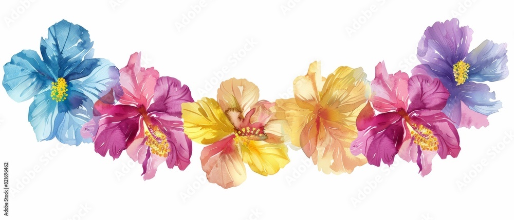 A watercolor painting of a garland of tropical flowers. A watercolor painting of a garland of tropical flowers.