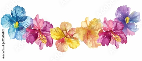 A watercolor painting of a garland of tropical flowers.