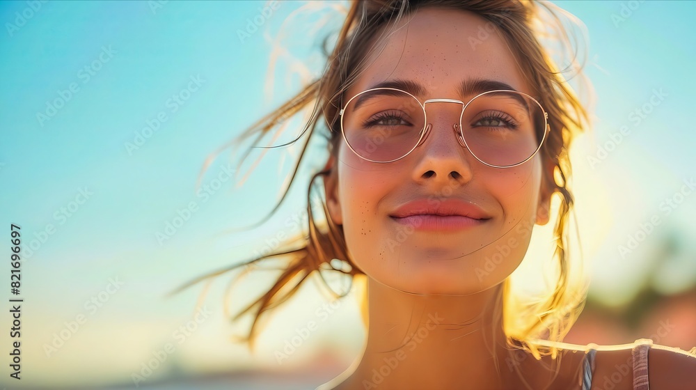 A woman wearing glasses looking at the sun. A woman wearing glasses looking at the sun.