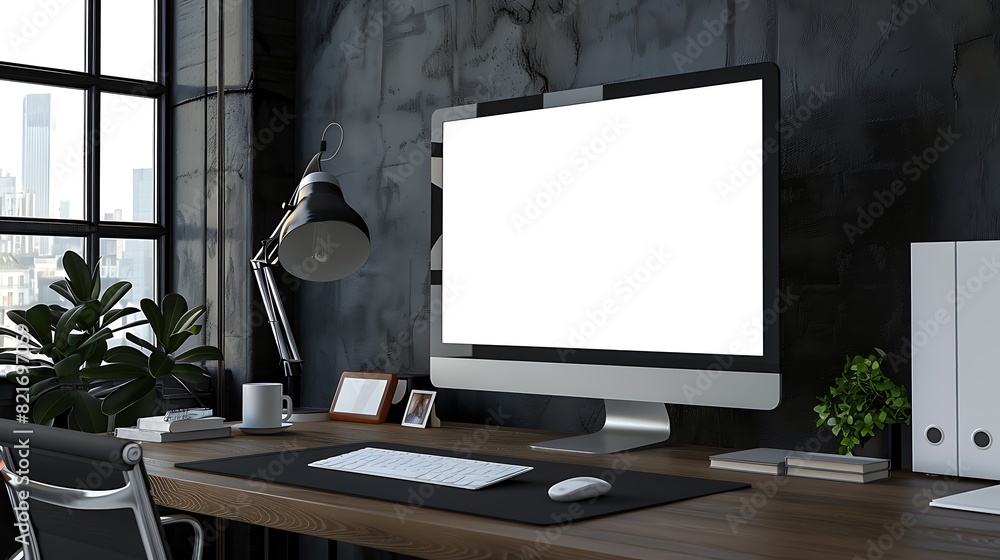 Fototapeta premium Workplace with blank screen monitor in modern interior home office concept