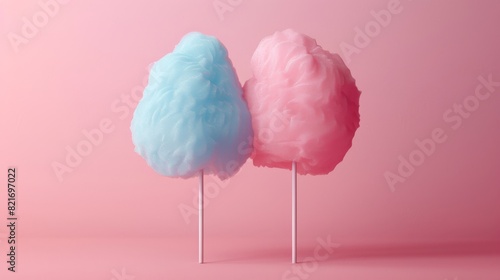 Blue and pink cotton candy on sticks against a pink background. photo