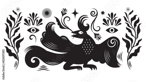 vector black and white illustration of Fiction birds, Folk Art, linocut style, animalistic ornament  