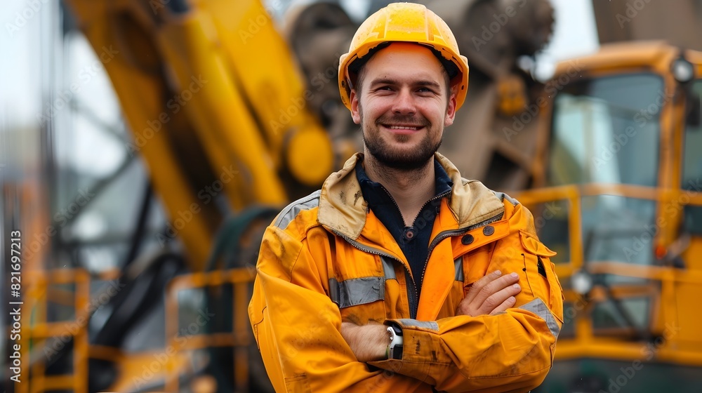 Smiling Young Crane Operator in Orange Hardhat and Workwear at Construction Site Smiling Young Crane Operator in Orange Hardhat and Workwear at Construction Site