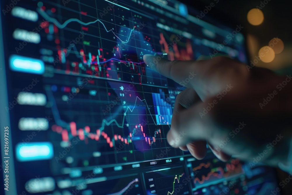 A detailed financial graph on a computer screen, with a financier's hand pointing out key data points, captured with sharp details and realistic lighting A detailed financial graph on a computer screen, with a financier's hand pointing out key data points, captured with sharp details and realistic lighting
