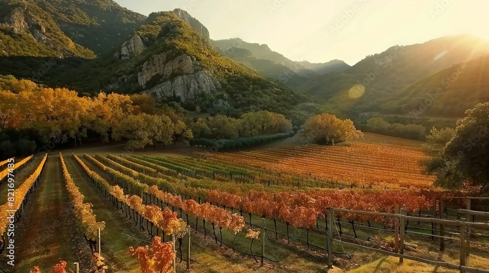 Scenic vineyard with sunny backdrop, trees in foreground, mountains behind Scenic vineyard with sunny backdrop, trees in foreground, mountains behind