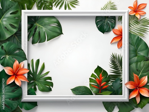 White frame  mockup with tropical leaves illustration