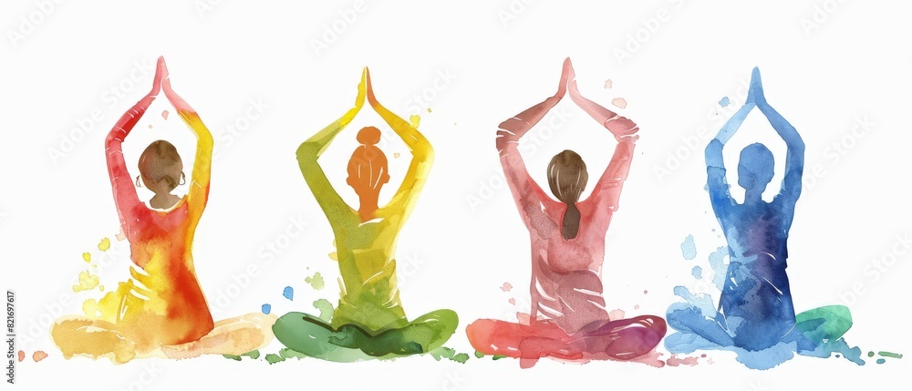Four watercolor people in yoga poses